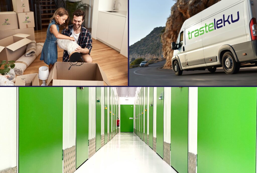 Collage de personas empaquetando cajas, un camión de mudanzas y un trastero de Trasteleku.